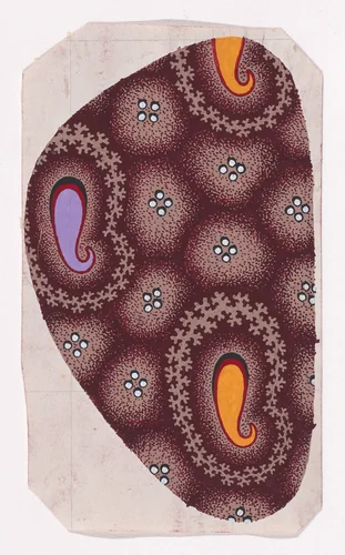 Textile Design with Paisley-Inspired Teardrops Framed by Garlands of Branches over an Abstract Honeycomb Pattern Decorated with Pearls by anonymous, drawing, 1840