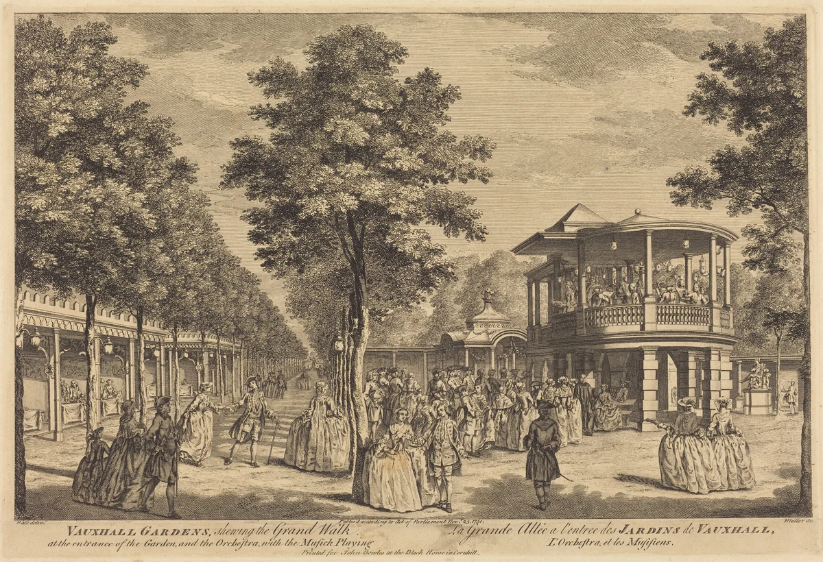 Vauxhall Gardens shewing the Grand Walk at the Entrance of the Garden and the Orchestra with Musick Playing by Johann Sebastian Müller; Samuel Wale, print, 1751