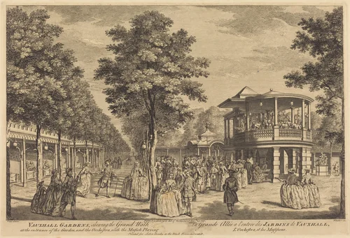 Vauxhall Gardens shewing the Grand Walk at the Entrance of the Garden and the Orchestra with Musick Playing by Johann Sebastian Müller; Samuel Wale, print, 1751