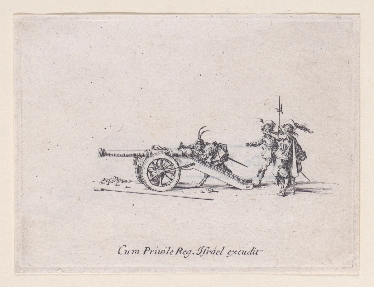 L'Exercice du Canon: Le Pointage (Drill of the Cannon: The Checking), from "Les Exercices Militaires" (The Military Exercises) by Jacques Callot, print, 1635