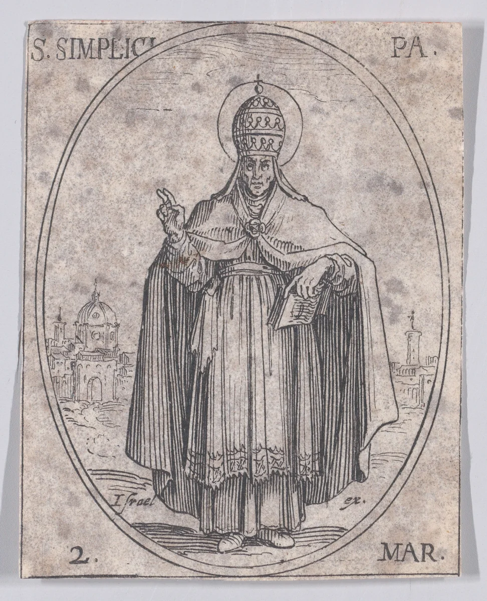 S. Simplice, pape (St. Simplicius, Pope), March 2nd, from "Les Images De Tous Les Saincts et Saintes de L'Année" (Images of All of the Saints and Religious Events of the Year) by Jacques Callot, print, 1636