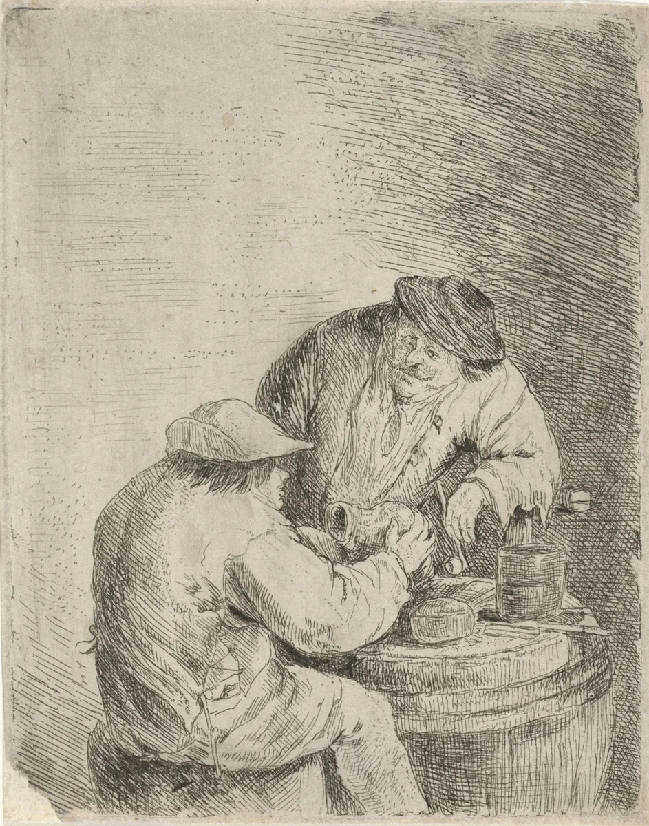 Twee boeren bij een ton by anonymous, print, 1626-1740