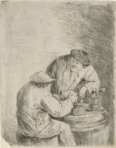 Twee boeren bij een ton by anonymous, print, 1626-1740
