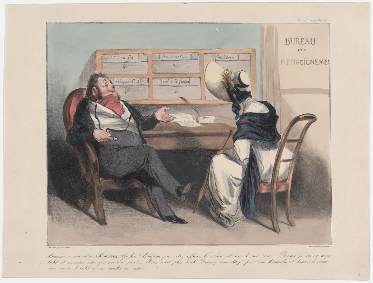 Plate 11: Someone stole a thousand franc note from me, Monsieur..., from 'Caricaturana,' published in Les Robert Macaires by Honoré Daumier, print, 1838