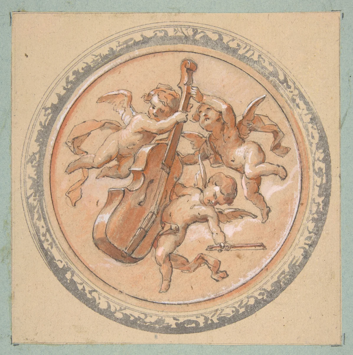 Medallion with putti holding a cello by Jules-Edmond-Charles Lachaise, drawing, 1850-1900