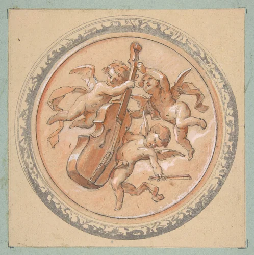 Medallion with putti holding a cello by Jules-Edmond-Charles Lachaise, drawing, 1850-1900