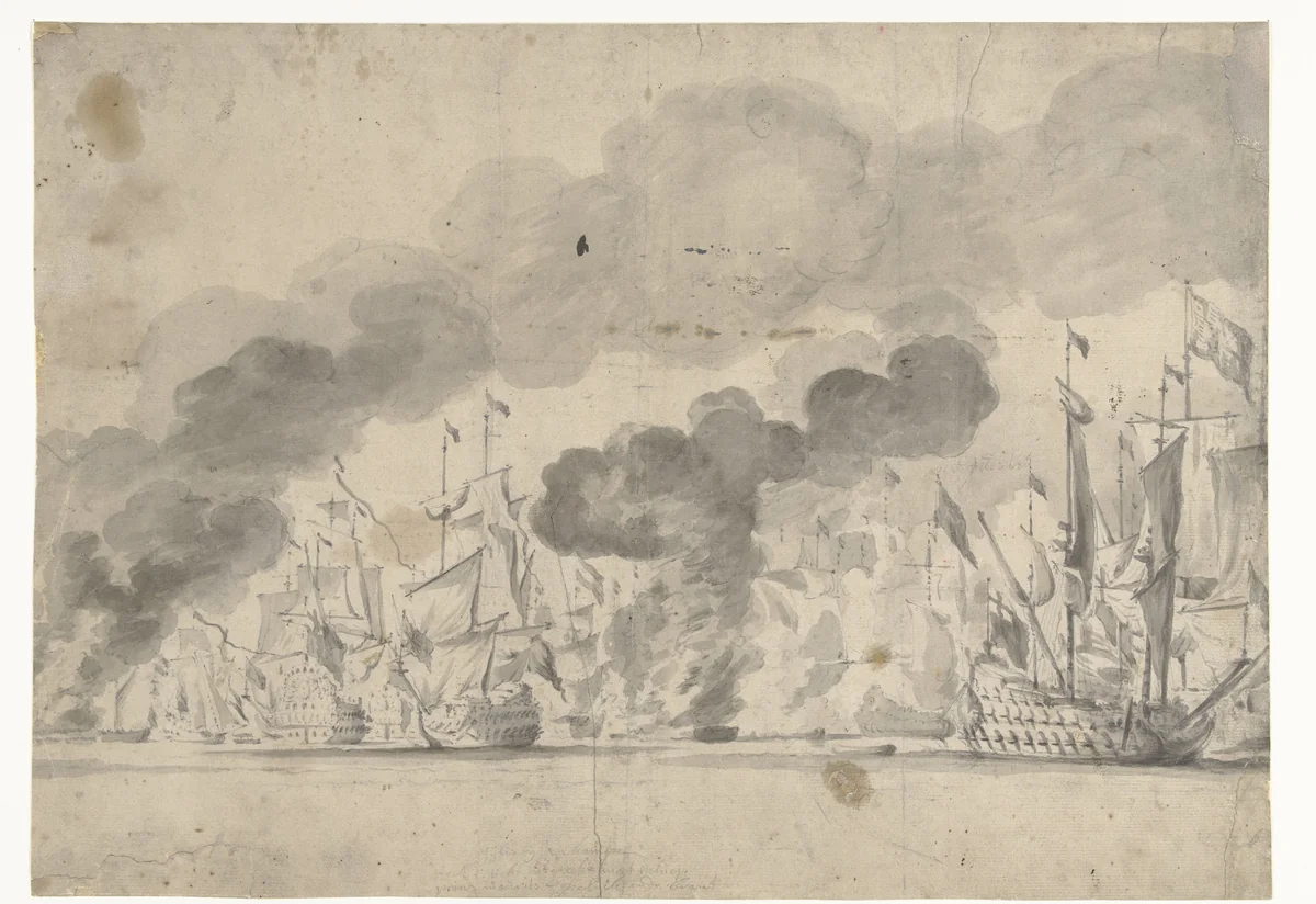 Zeeslag bij Lowestoft op 13 juni 1665 by Willem van de Velde, drawing, 1665