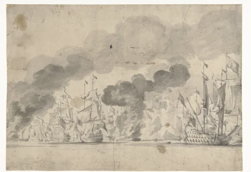 Zeeslag bij Lowestoft op 13 juni 1665 by Willem van de Velde, drawing, 1665