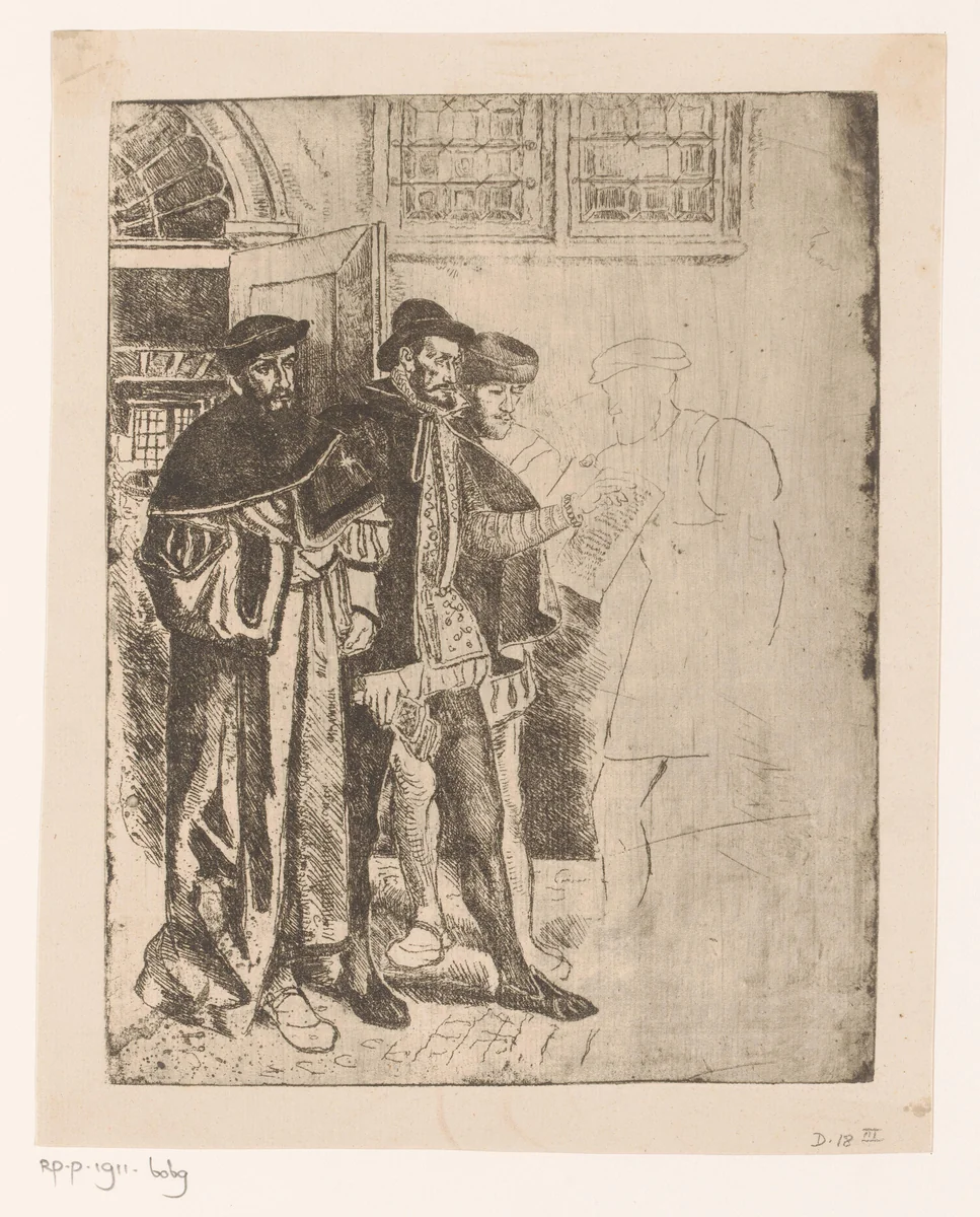 Plantijn en drie anderen in de drukkerij by Henri Leys, print, 1825-1869