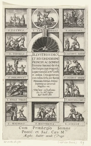 Twaalf scènes met martelaarschap van apostelen in rechthoekige omlijsting met architectuur ornamenten by anonymous, print, 1580-1629