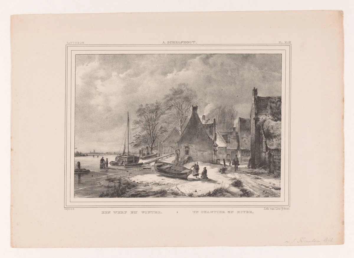 Bevroren rivier bij dorp by Marinus Adrianus van Straten, print, 1837-1843
