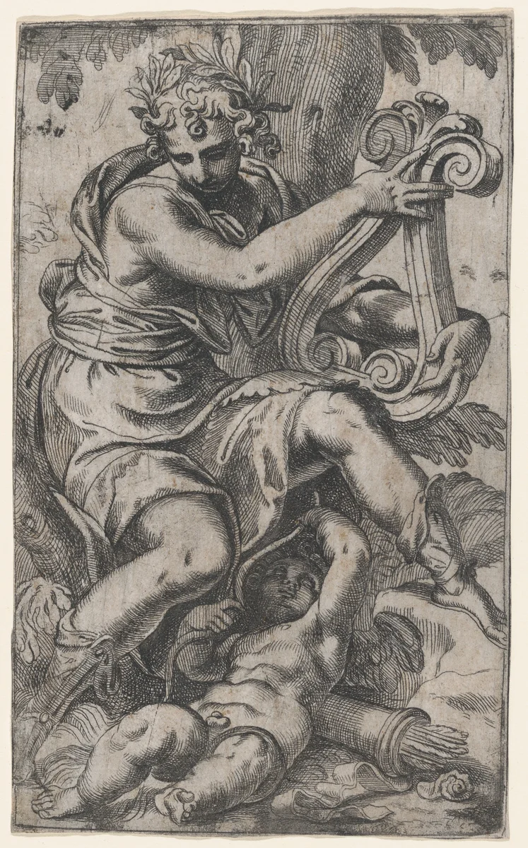 Cupid and Apollo with a lyre by Paolo Farinati, print, 1563-1573