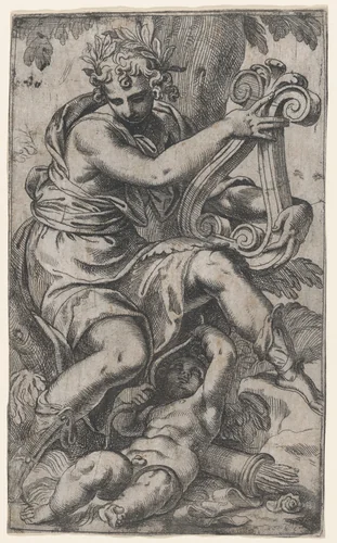 Cupid and Apollo with a lyre by Paolo Farinati, print, 1563-1573