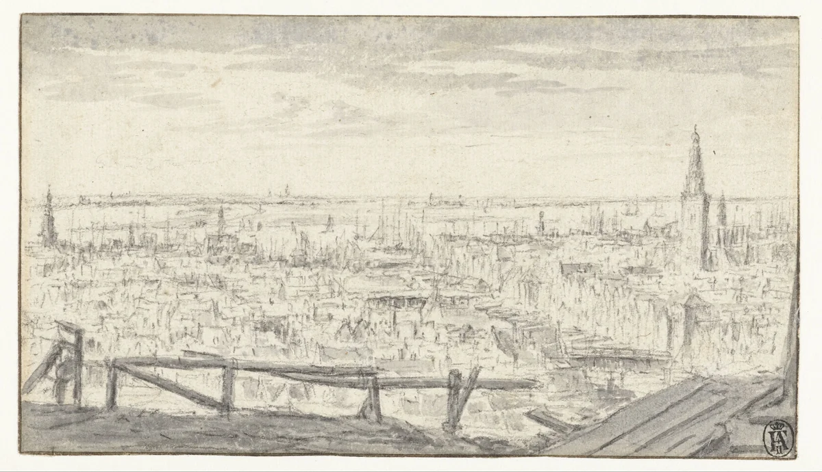 Panoramic View of Amsterdam, Looking towards the IJ by Jacob Isaacksz van Ruisdael, drawing, 1665