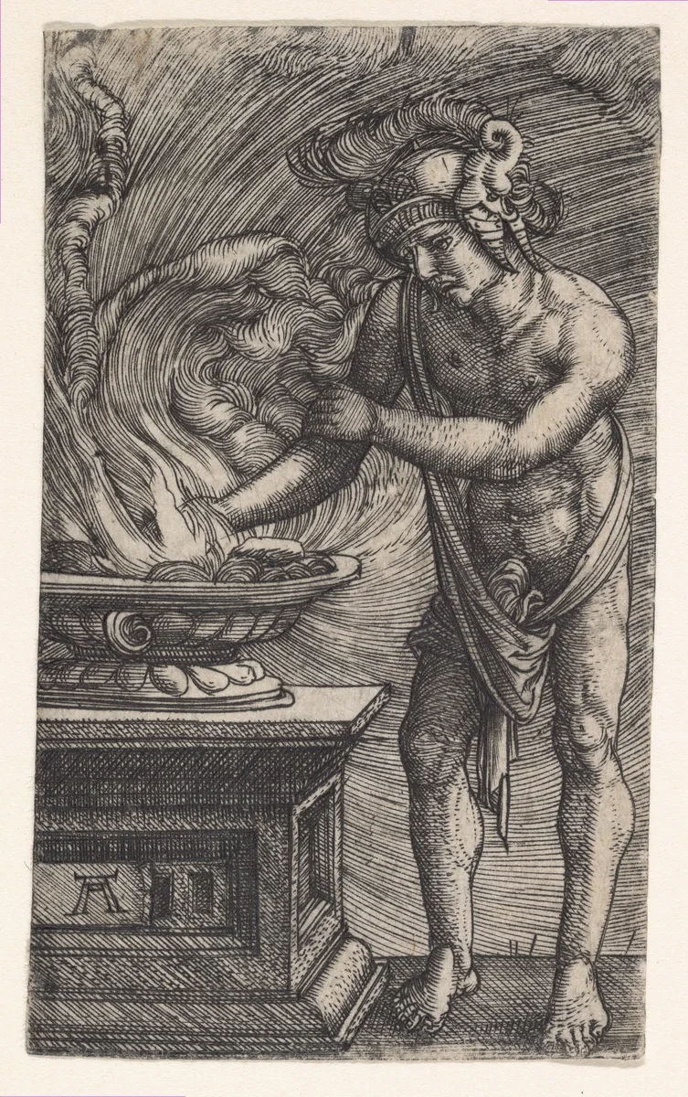 Mucius Scaevola Burning His Hand by Albrecht Altdorfer, print, 1475-1538