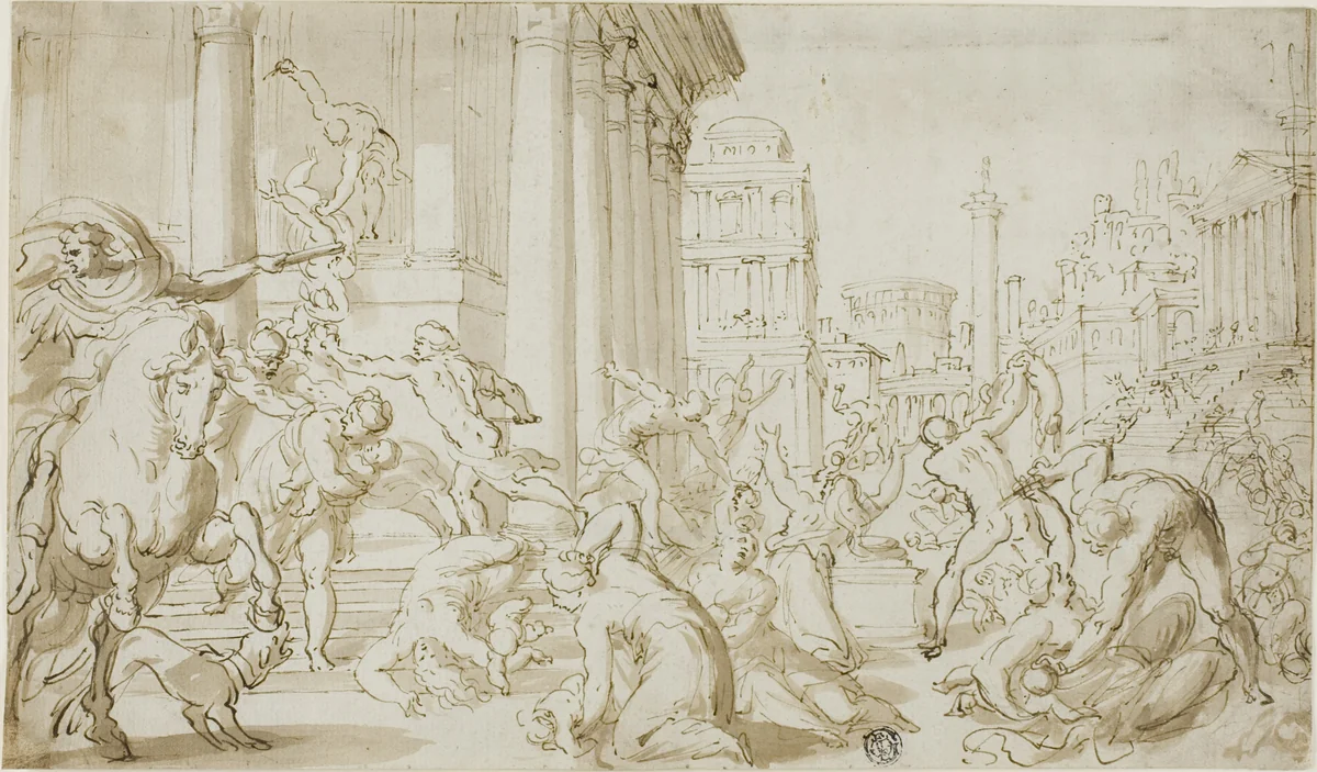 Massacre of the Innocents (recto); Figure Sketches (verso) by Nicolas Poussin, drawing, 1614-1700