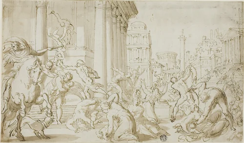 Massacre of the Innocents (recto); Figure Sketches (verso) by Nicolas Poussin, drawing, 1614-1700
