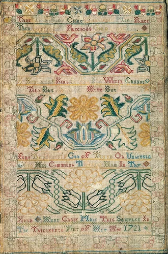 Embroidered Sampler by Anne Chase, artwork, 1721