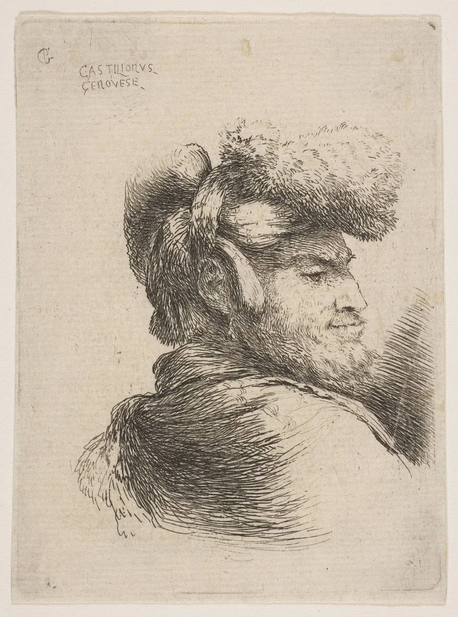 Man in profile facing right, wearing a fur hat, from "Small Heads in Oriental Headdress" by Giovanni Benedetto Castiglione, print, 1640-1655