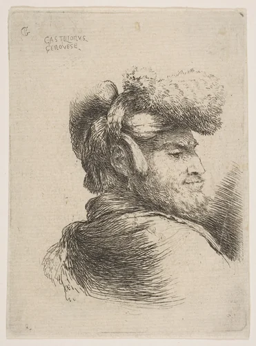 Man in profile facing right, wearing a fur hat, from "Small Heads in Oriental Headdress" by Giovanni Benedetto Castiglione, print, 1640-1655
