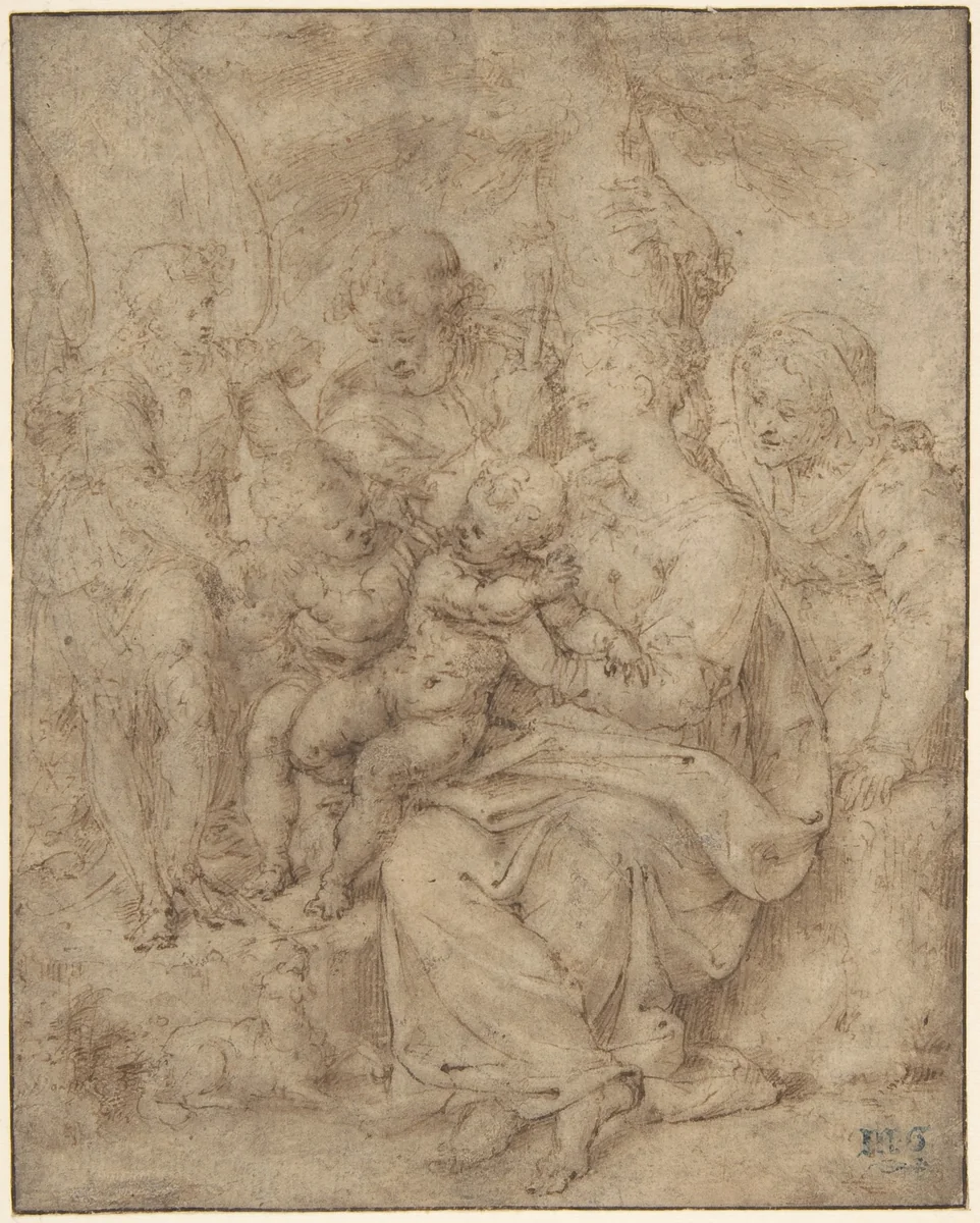The Holy Family with the Infant Baptist, Saint Elizabeth, and an Attendant Angel by Aurelio Luini, drawing, 1550-1560