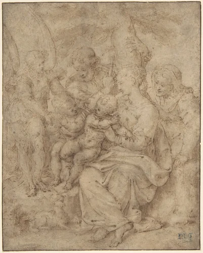 The Holy Family with the Infant Baptist, Saint Elizabeth, and an Attendant Angel by Aurelio Luini, drawing, 1550-1560