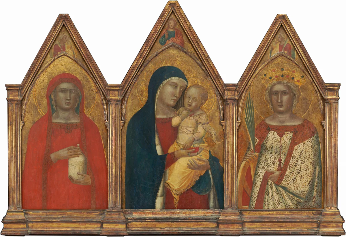 Madonna and Child with the Blessing Christ, and Saints Mary Magdalene and Catherine of Alexandria with Angels [entire triptych] by Pietro Lorenzetti, painting, 1340