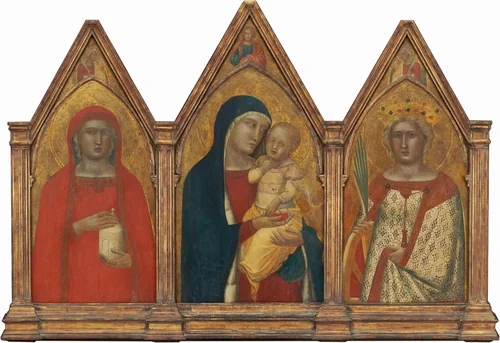 Madonna and Child with the Blessing Christ, and Saints Mary Magdalene and Catherine of Alexandria with Angels [entire triptych] by Pietro Lorenzetti, painting, 1340