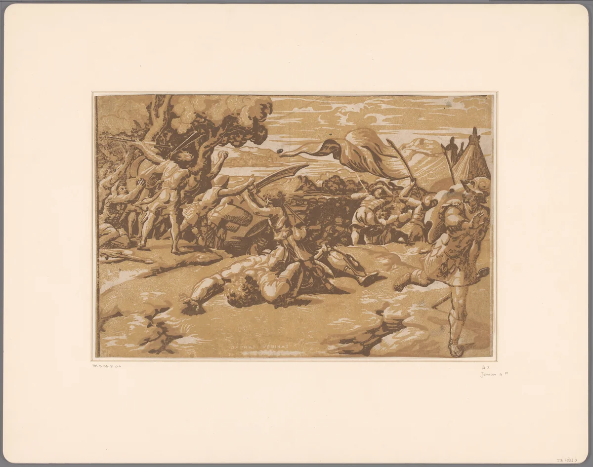 David onthoofdt Goliat by Ugo da Carpi, print, 1502-1532