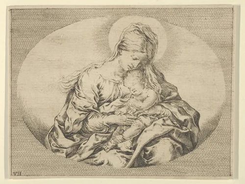 The Virgin holding the infant Christ, an oval composition, after Reni by anonymous, print, 1595-1645