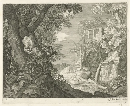 Drinkende mannen in een herberg by Aegidius Sadeler, print, 1597-1629