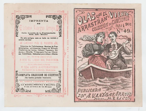 Cover for 'Olas que el Viento Arrastran para 1901', a man serenading a woman in a row boat by José Guadalupe Posada, print, 1896-1906