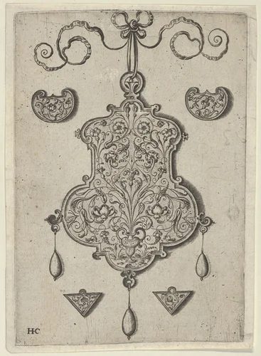Design for the Verso of a Pendant with a Flower-Piece at Bottom Center by Jan Collaert, print, 1530-1573