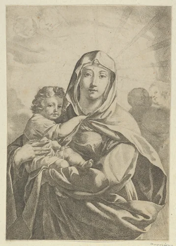 The Virgin standing facing front and holding the infant Christ, angels behind them in the clouds by anonymous, print, 1700-1800