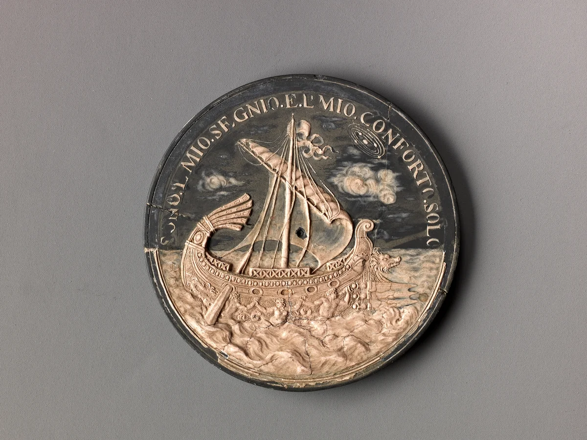 Model for a medal of Francesco Redi; a Ship at Sea by Massimiliano Soldani, metalwork, 1677