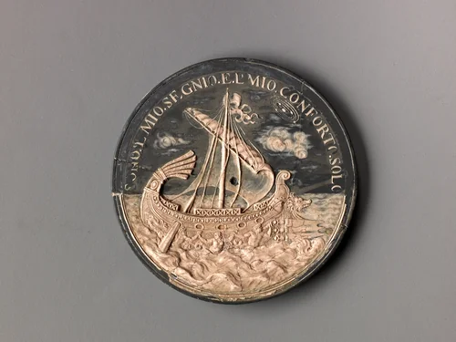 Model for a medal of Francesco Redi; a Ship at Sea by Massimiliano Soldani, metalwork, 1677