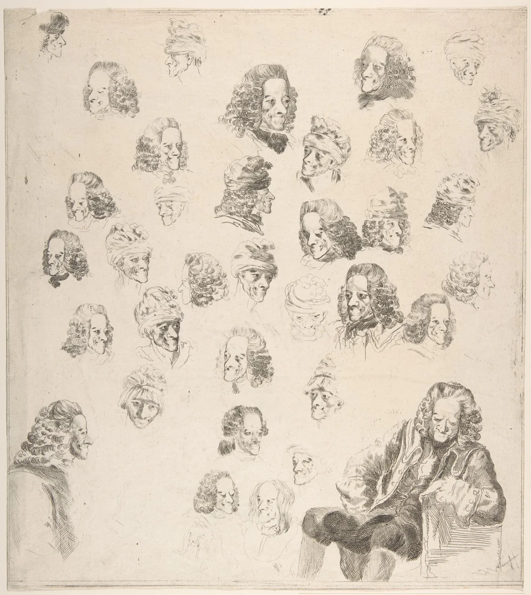 Sketches of Voltaire at Age Eighty-One by Dominique Vivant Denon, print, 1775