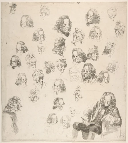 Sketches of Voltaire at Age Eighty-One by Dominique Vivant Denon, print, 1775