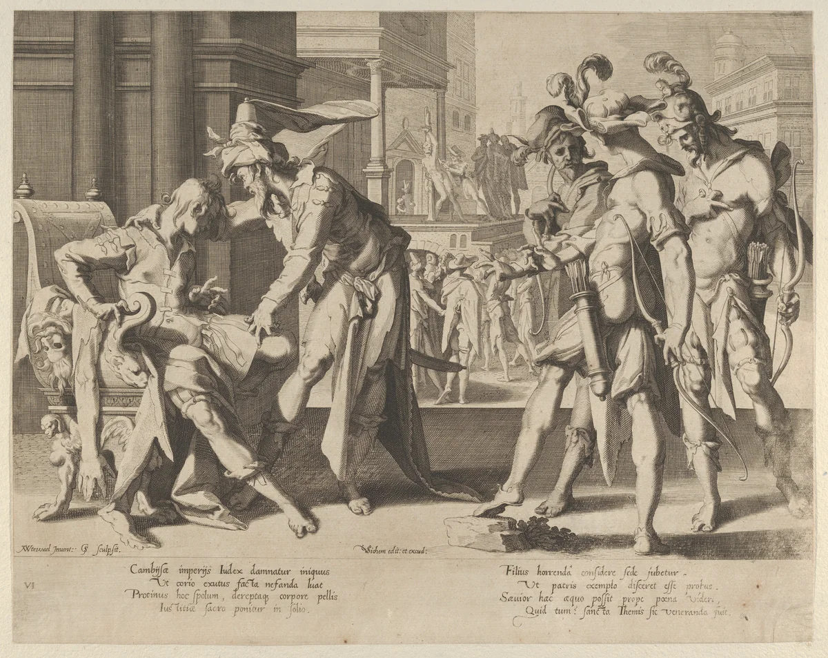 Cambyses Commanding the Flaying of the Judge Sisamnes, plate 6 from "Thronus Justitiae, tredecim pulcherrimus tabulis..." by Willem van Swanenburg, print, 1605-1606
