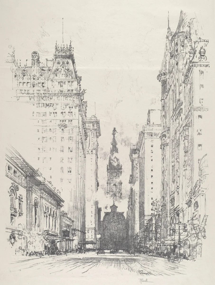 Looking up Broad Street from Spruce Street by Joseph Pennell, print, 1912