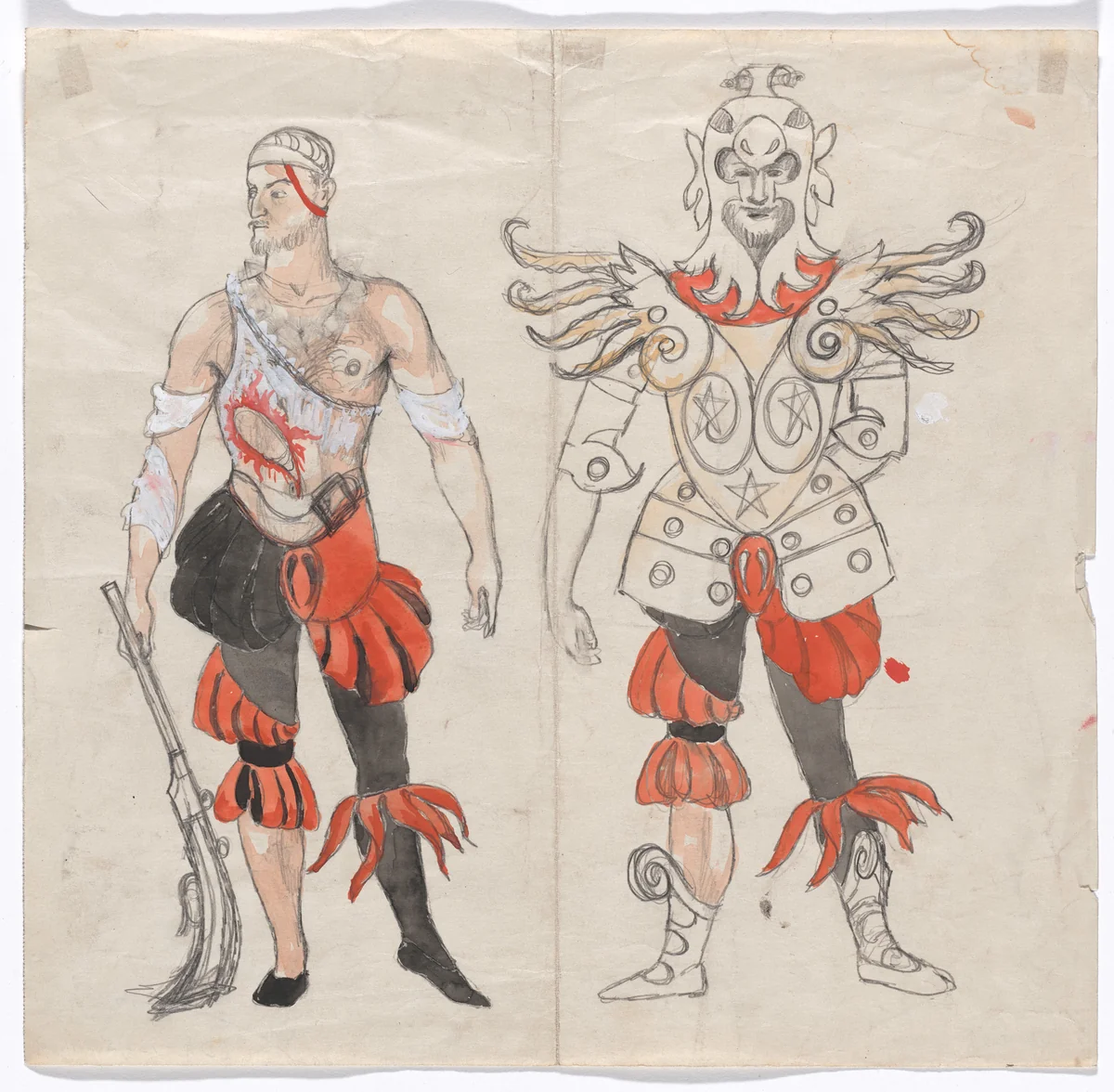 Two White Men. Costume design for the ballet Pocahontas by Karl Free, drawing, 1936