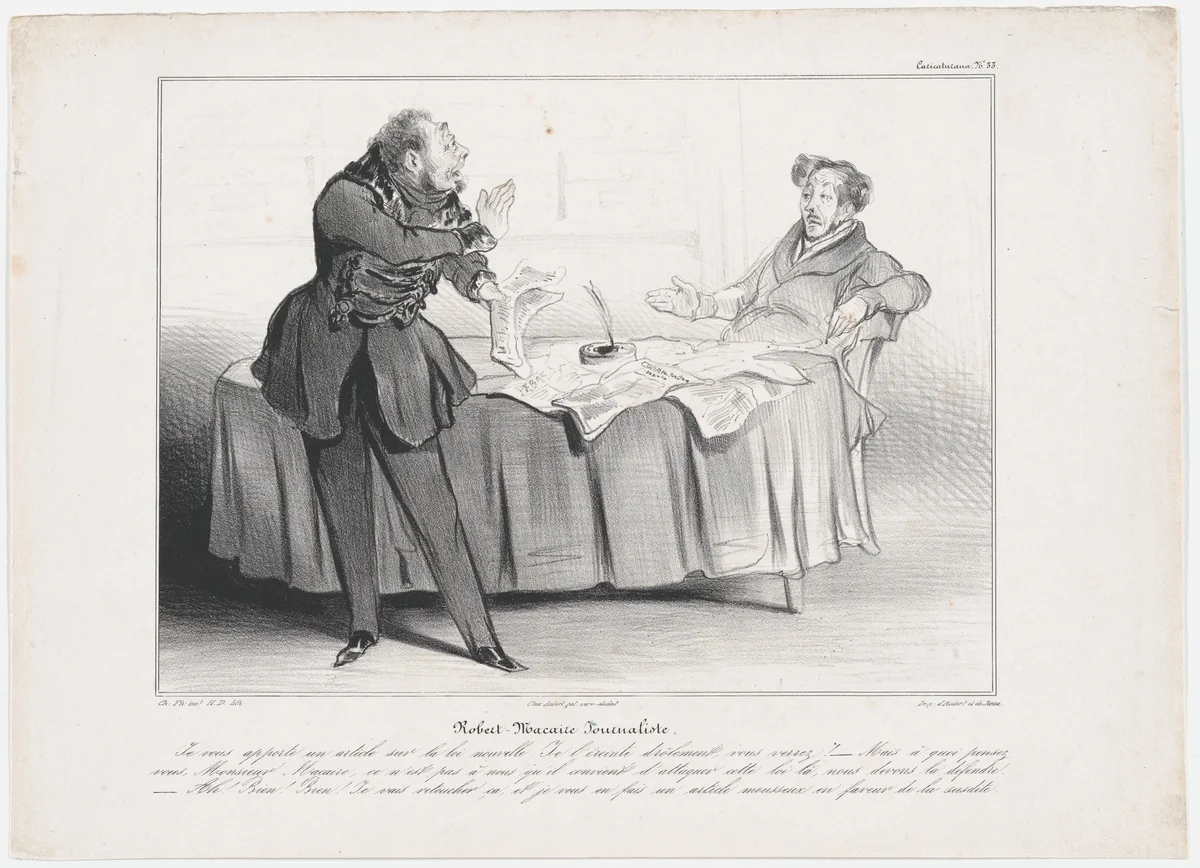 Plate 33: Robert Macaire journalist, from 'Caricaturana,' published in Les Robert Macaires by Honoré Daumier, print, 1838