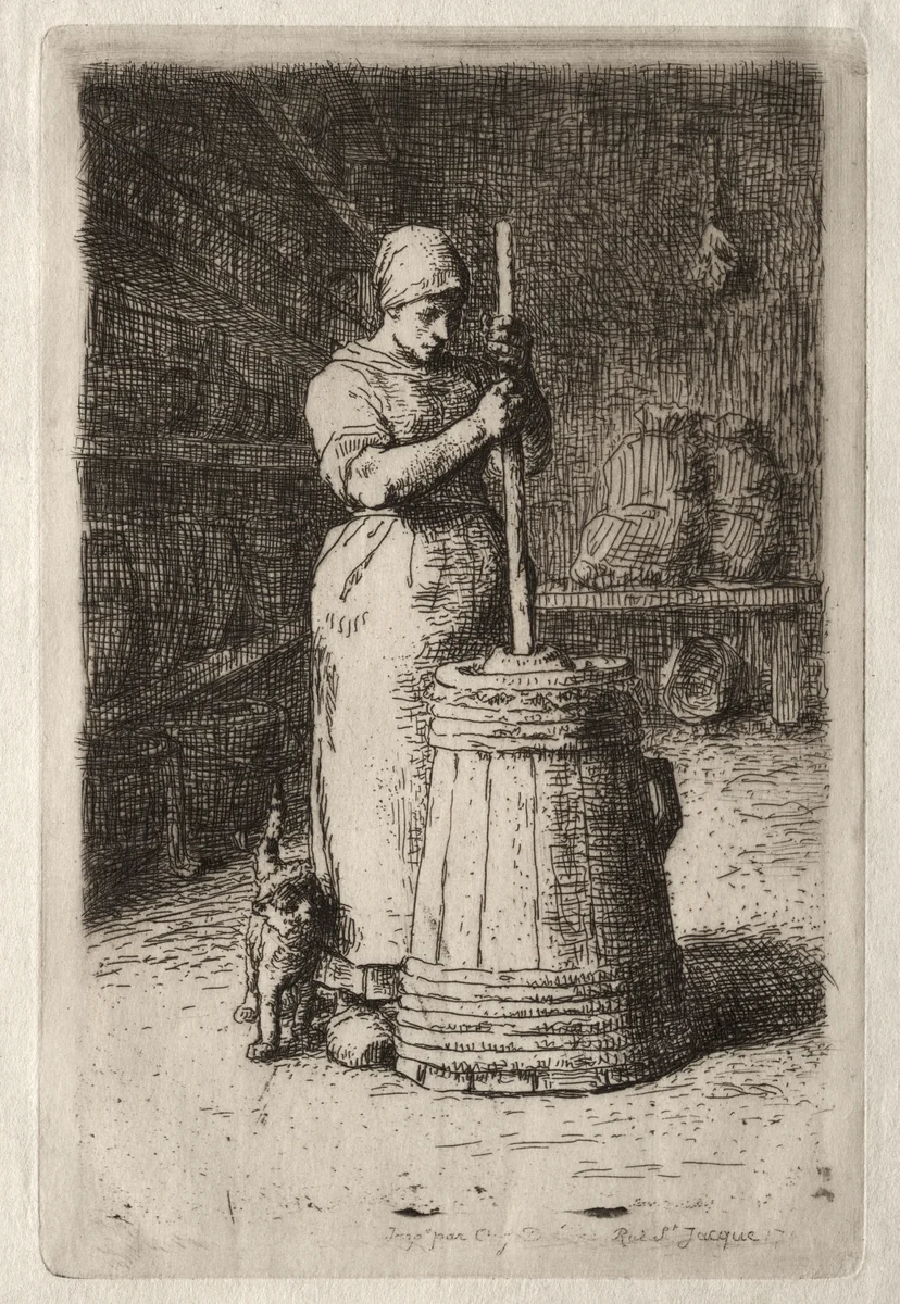 Woman Churning Butter by Jean-François Millet, print, 1855-1856