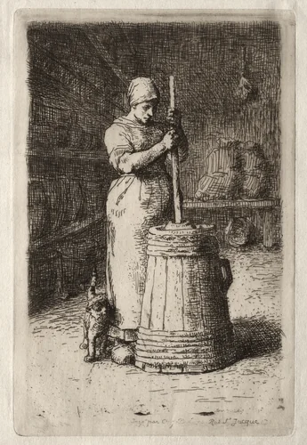Woman Churning Butter by Jean-François Millet, print, 1855-1856