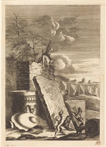 Dogs Pursuing a Cat by Bernhard Zaech; Jonas Umbach, print, 1570-1710