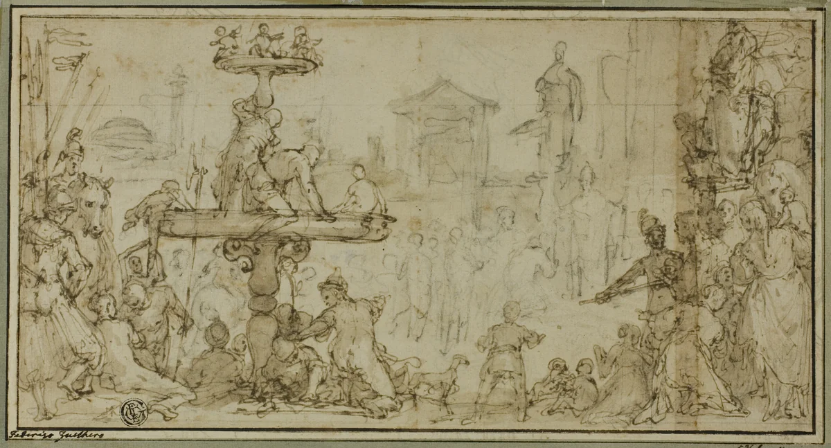 A Pope Receiving a Dignitary in a Public Place (recto) Caricatures of Heads (verso) by Federico Zuccaro, drawing, 1580-1603