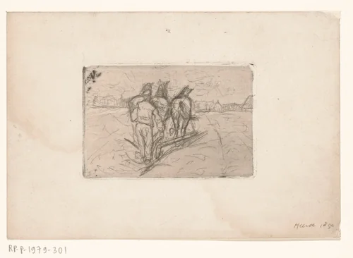 Drie ploegende paarden en een boer in Heerde by Richard Nicolaüs Roland Holst, print, 1890