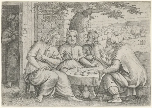 Abraham ontvangt de drie engelen by Unknown, print, 1545