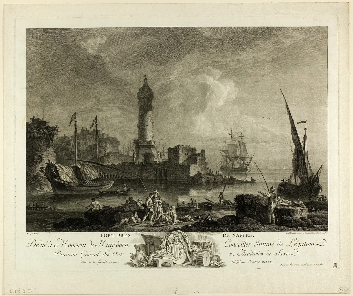 Port near Naples by Adrian Zingg, print, 1754-1808