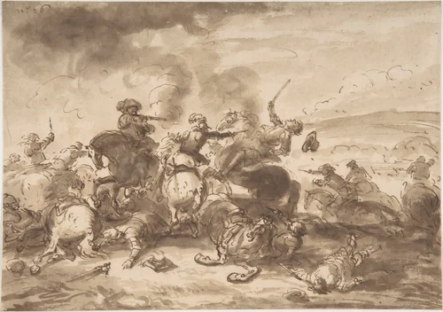 Combat of Cavalry by Jacques Courtois, drawing, 1635-1700